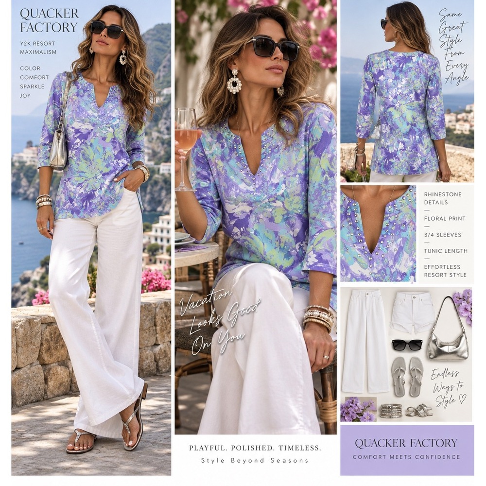 Quacker Factory Floral Rhinestone Tunic Top M Purple Y2K Resort Maximalist Artsy